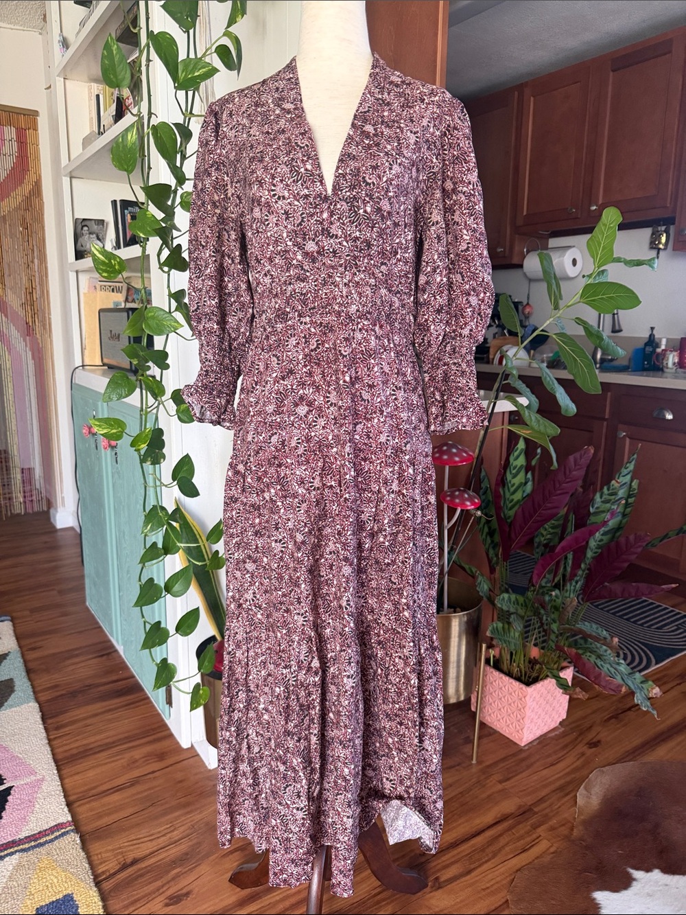 ba&sh Plum Floral Maxi Dress with V-Neck and Tiered Skirt